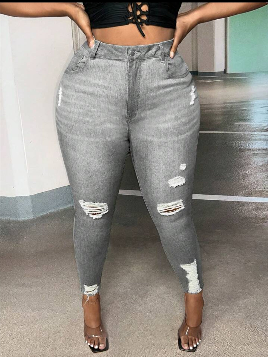 Plus High Waist Ripped Skinny Jeans(Grey) J186