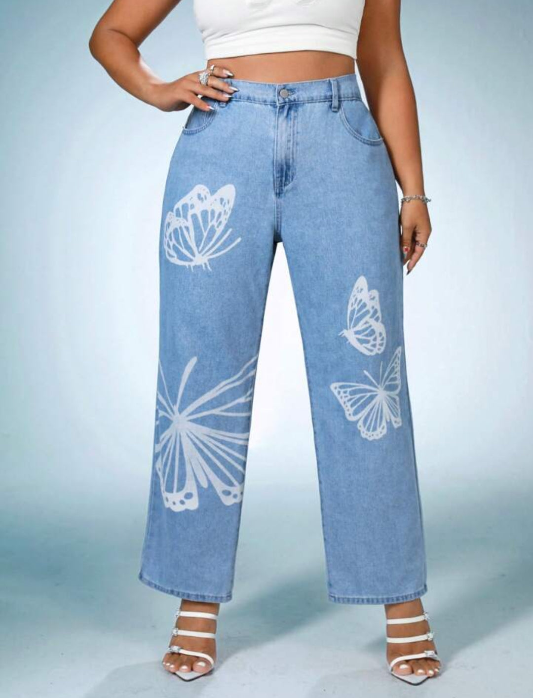 Plus Butterfly Print Straight Jeans J237