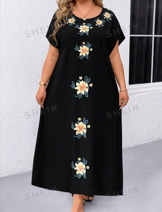 Plus Batwing Sleeve Floral Print Dress D1837