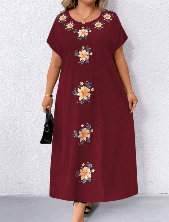 Plus Batwing Sleeve Floral Dress (Burgundy) D1858