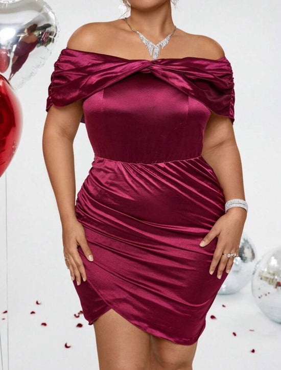 Plus Off Shoulder Twist Hem Satin Dress D1859