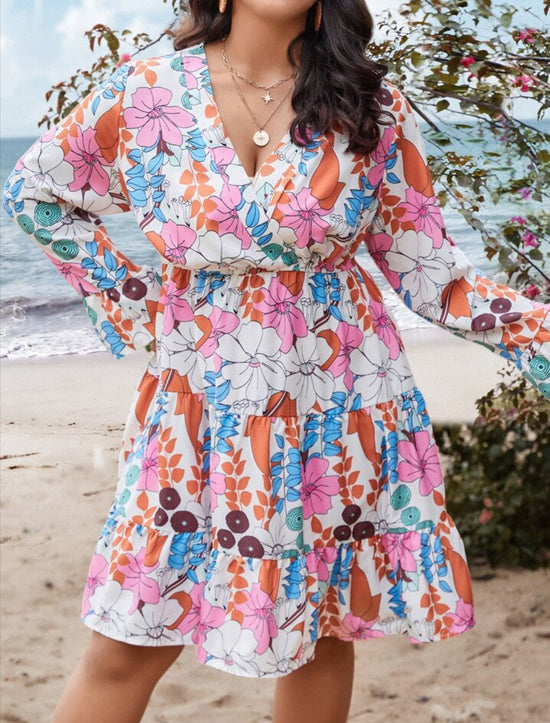 Plus Floral Print Surplice Neck Dress D1869