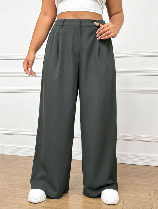 Pluswear Premium Plicated Hem Wide Leg High Waisted Pants(Charcoal Grey)