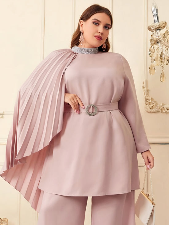 Plus Pleated Design Longline Blouse Without Belt T2244