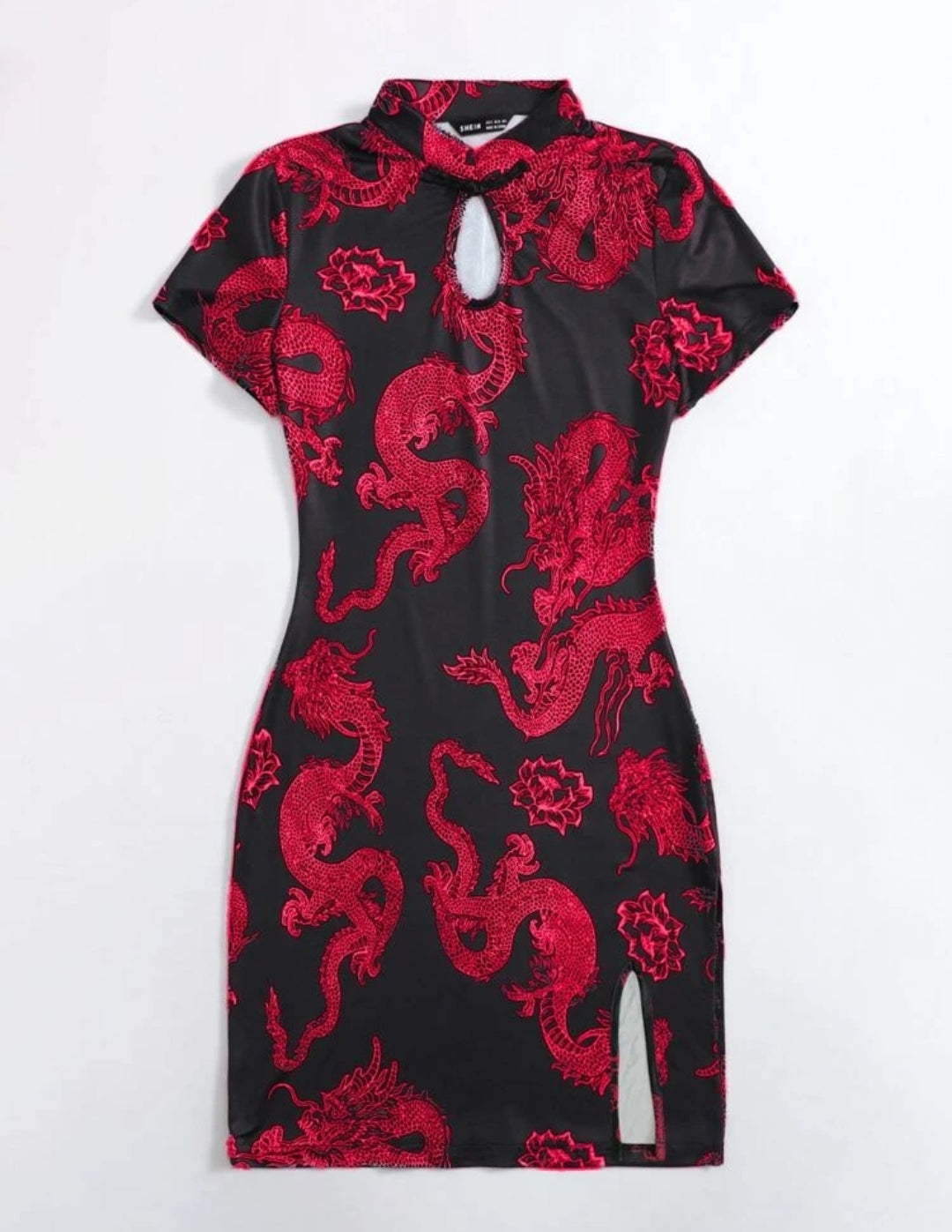 Plus Dragon Print Keyhole Neck Slit Hem  Bodycon Dress