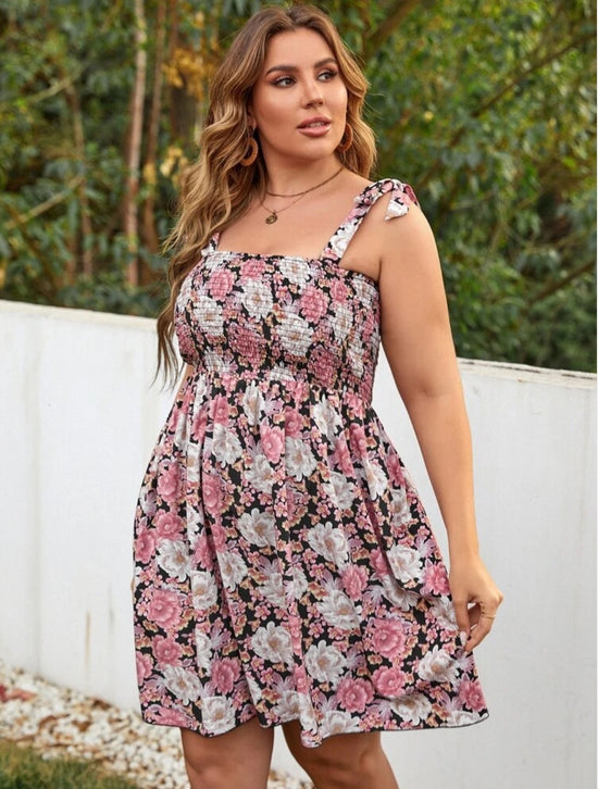 Plus Floral Print Shirred Tie Shoulder Cami Dress d87