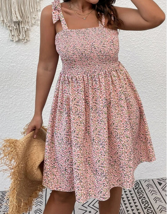 Plus Ditsy Floral Print Shirred Tie Shoulder Cami Dress