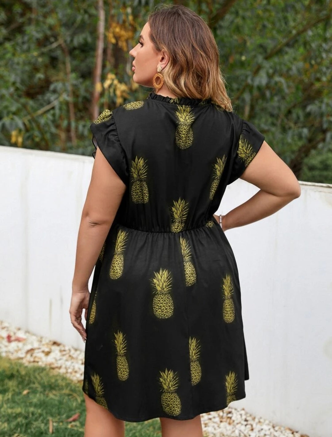 Plus Pineapple Print Flutter Sleeve Frilled Tie Neck Dress k30
