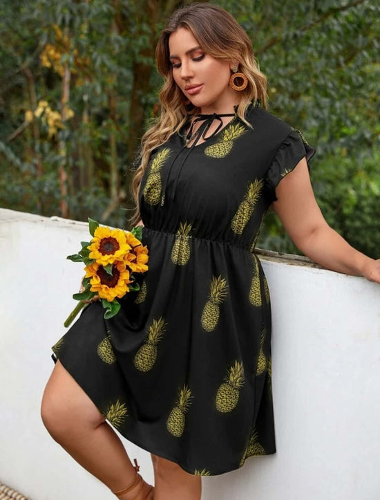 Plus Pineapple Print Flutter Sleeve Frilled Tie Neck Dress k30
