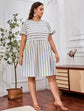 Plus Striped Flounce Sleeve High Waist Dress k38