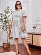 Plus Striped Flounce Sleeve High Waist Dress k38