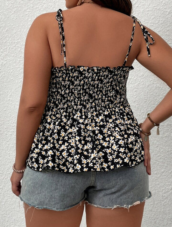 Plus Ditsy Floral Print Shirred Tie Shoulder Peplum Cami Top k103