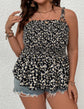 Plus Ditsy Floral Print Shirred Tie Shoulder Peplum Cami Top k103