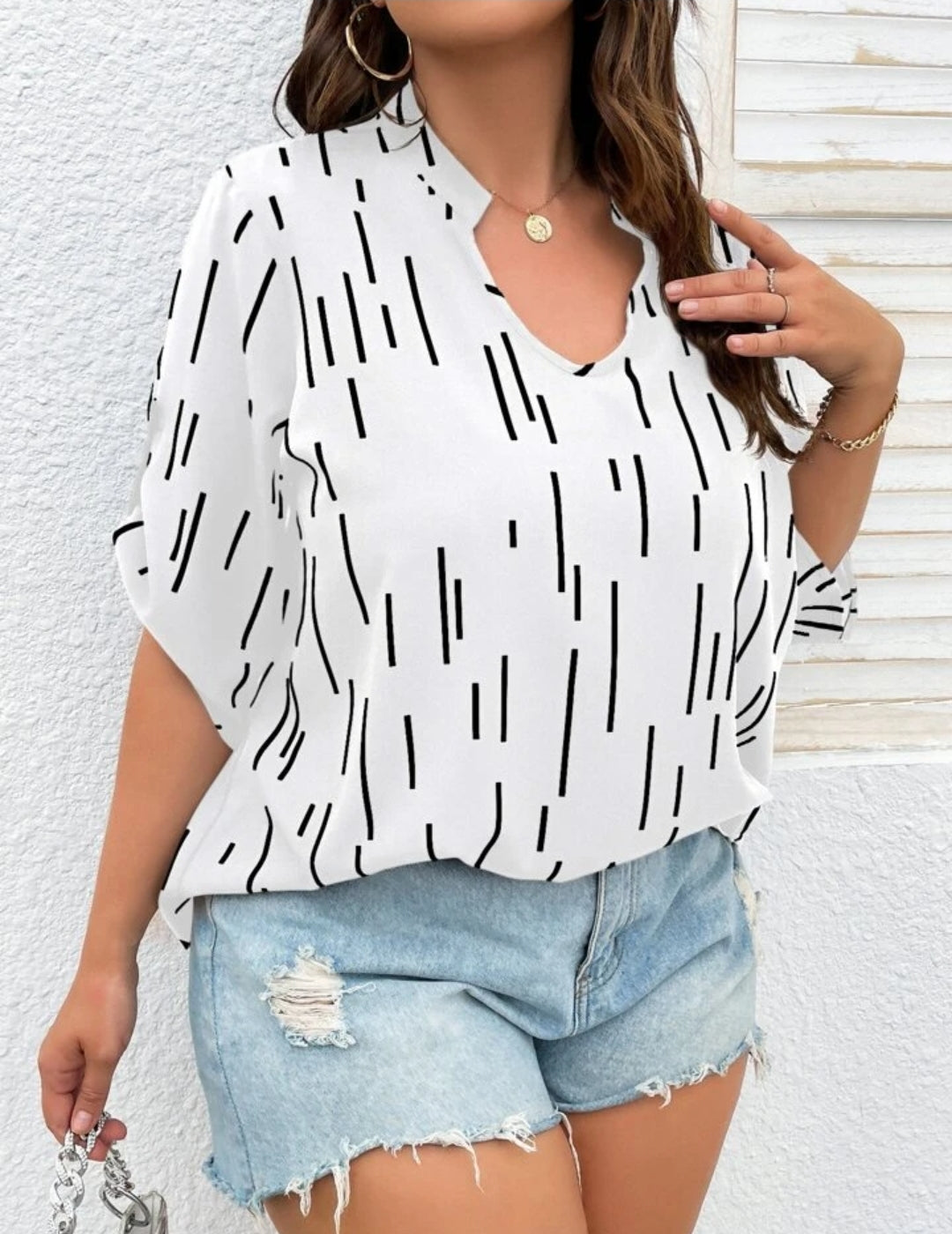 Plus Striped Roll Tab Sleeve Popover Blouse(white) K122