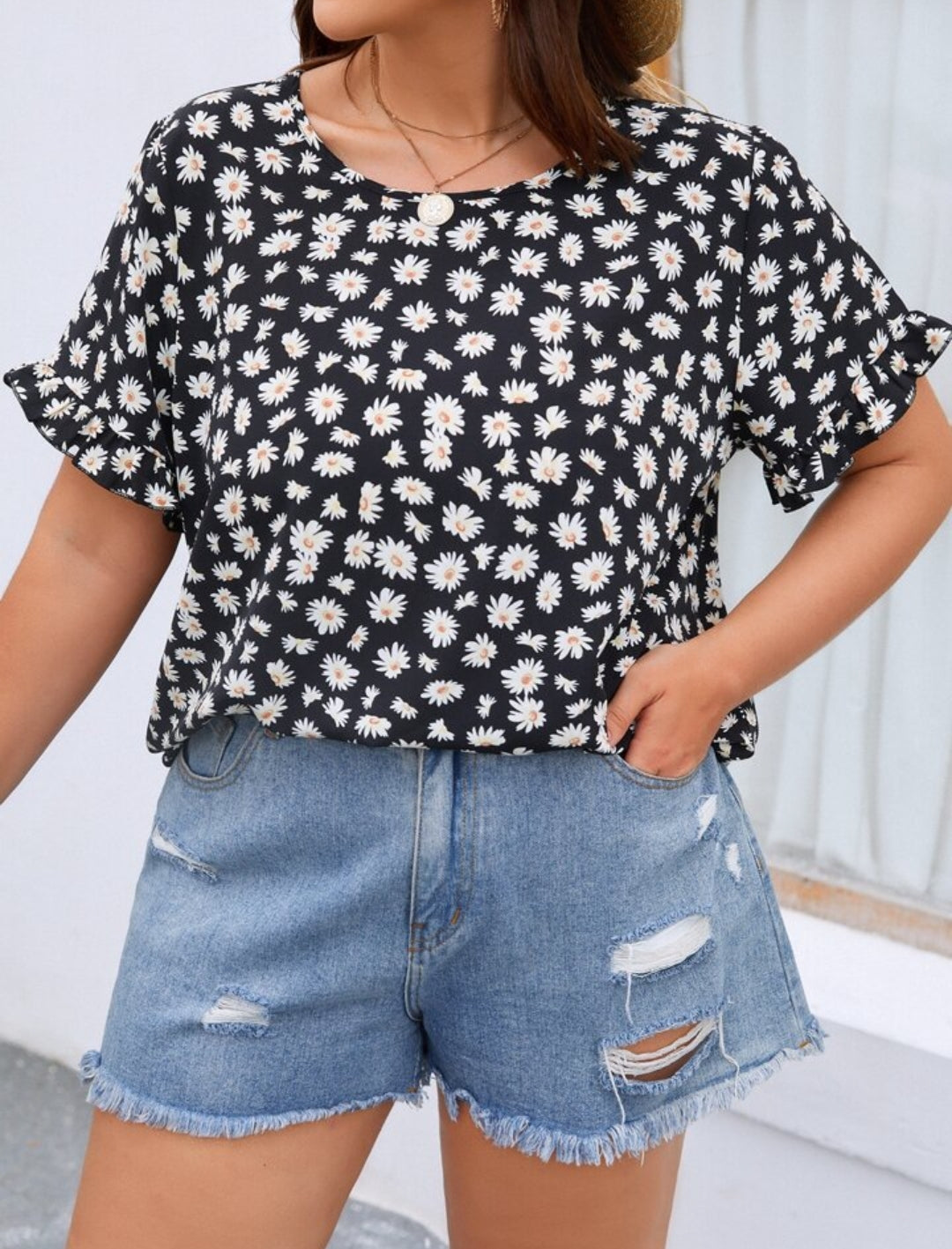 Plus Allover Floral Print Puff Sleeve  Blouse T141
