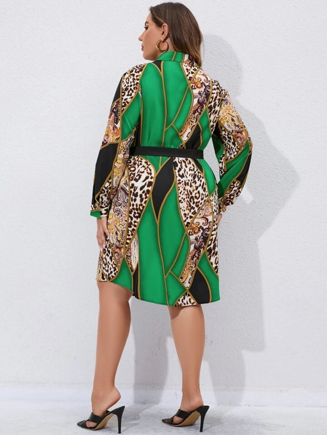 Plus Leopard & Paisley Print Drop Shoulder Shirt Dress without Belt D365