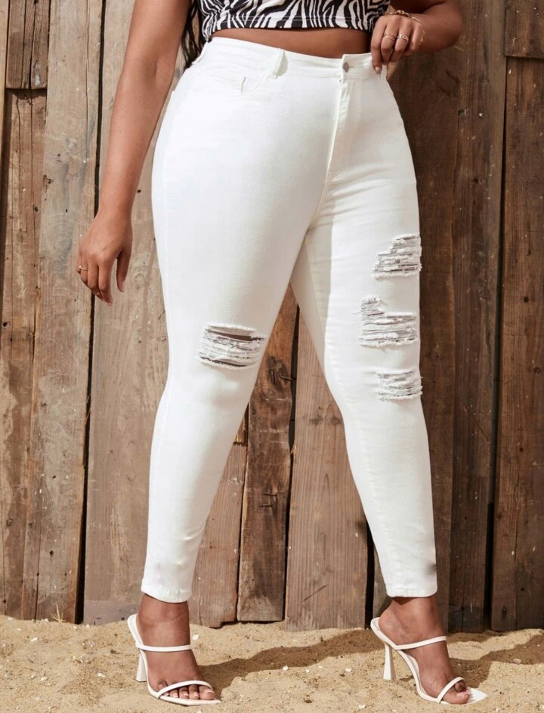 Plus High Waist Ripped Skinny Jeans(White) J14