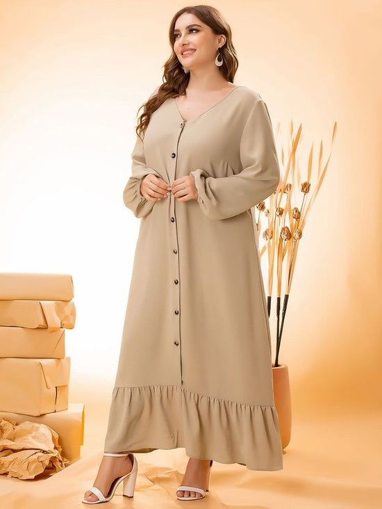 Plus Lantern Sleeve Ruffle Hem Button Dress D3250