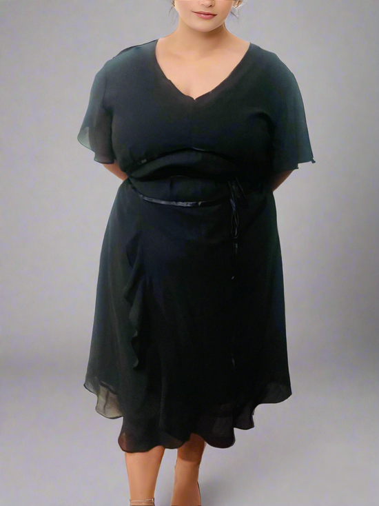 Plus Contrast Piping Tie Up Chiffon A Line Dress D4020