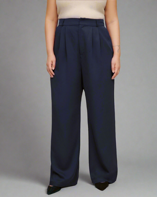 Pluswear Premium Plicated Hem Wide Leg High Waisted Pants(Navy Blue)