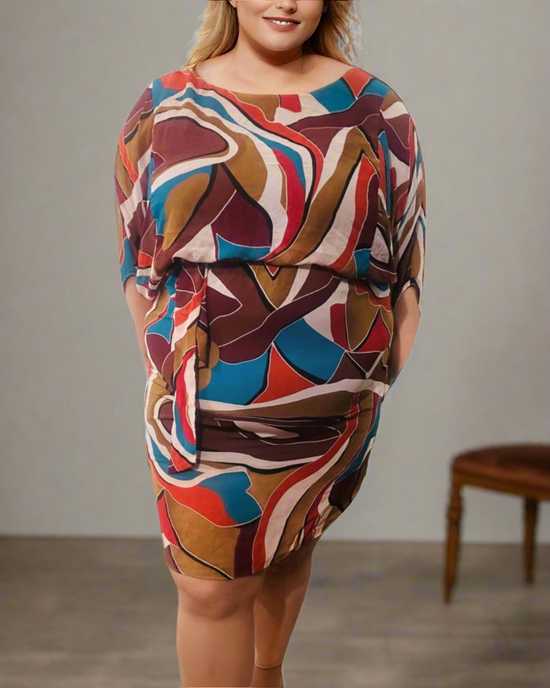Plus Geo Print Batwing Sleeve Belted Dress D4018