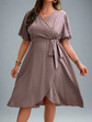 Plus Swiss Dot Butterfly Sleeve Belted Dress D1838