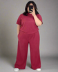 Pluswear Premium Ribbed Tee & Pocket Wide Leg Pants Set(Hot Pink)