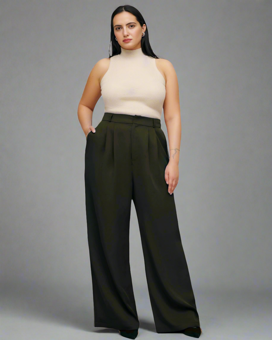 Pluswear Premium Plicated Hem Wide Leg High Waisted Pants(Olive)