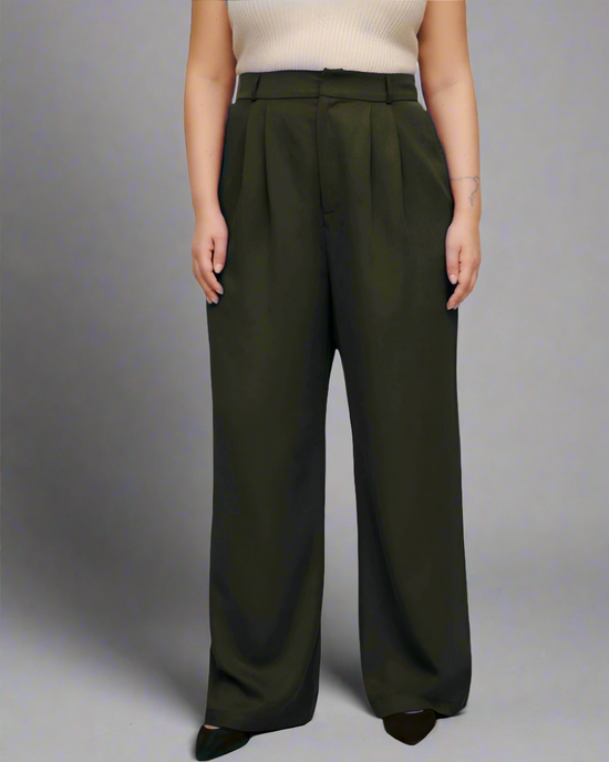 Pluswear Premium Plicated Hem Wide Leg High Waisted Pants(Olive)