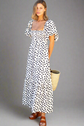 Plus Polka Dot Square Neck Shirred Bust Button Front Dress D1953