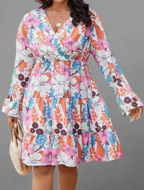 Plus Floral Print Surplice Neck Dress D1869