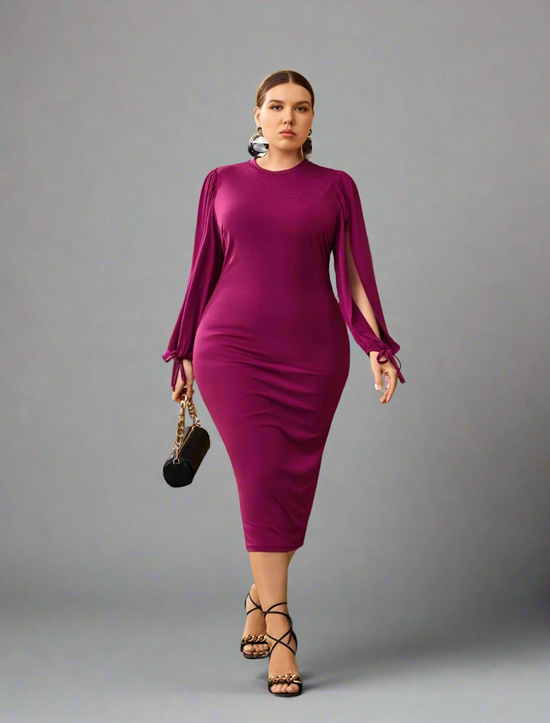 Plus Split Sleeve Solid Bodycon Dress D3216