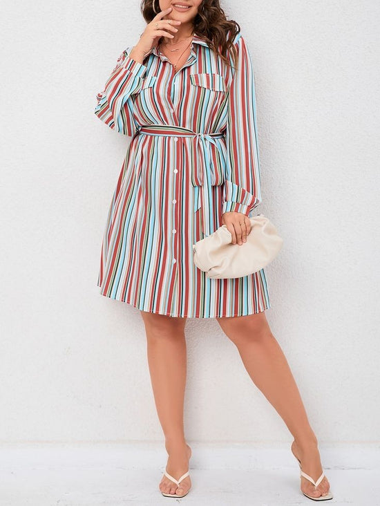 Plus Striped Shirt Dress Without Belt D1357