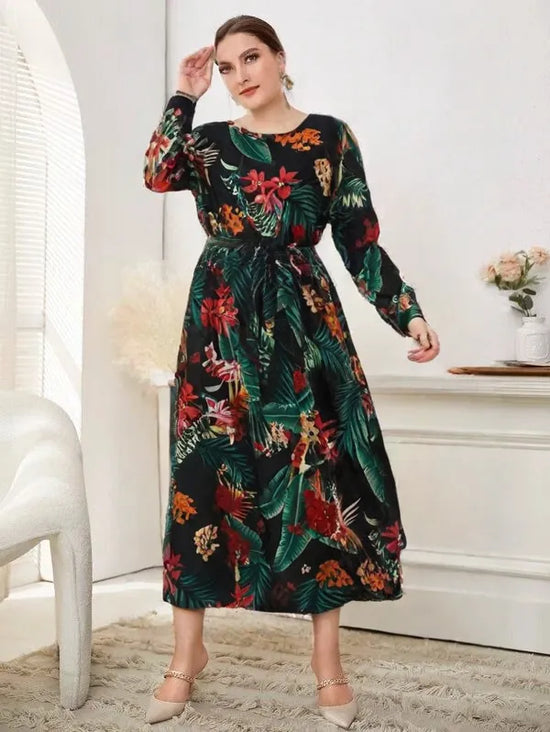 Plus Tropical Print Belted Dress D3283