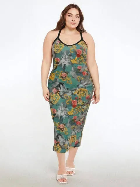 Plus Angels And Floral Print Backless Halter Neck Bodycon Dress D3293