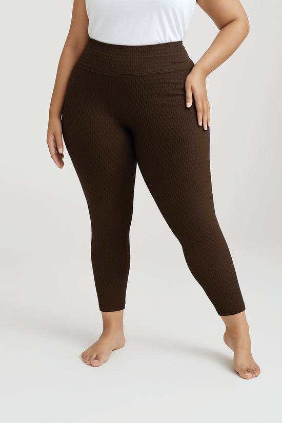 Pluswear Premium Textured Wide Waistband Pocket Leggings (Brown)
