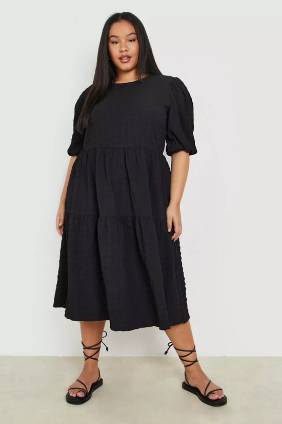 Plus Textured Puff Sleeve Tiered Smock Dress D4013