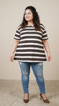 Pluswear Everyday Drop Shoulder A-Line Striped Cotton Tshirt (Brown-White)