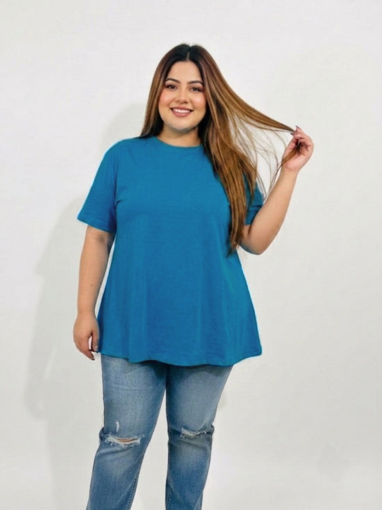 Pluswear Everyday Drop Shoulder A-Line Cotton Tshirt (Peacock Blue)