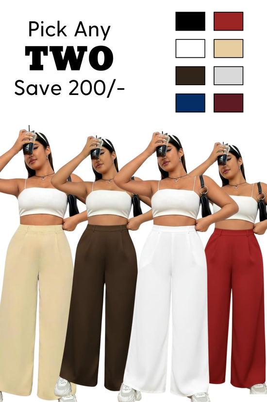 SAVE Rs. 200 - Pluswear Everyday Slip On Pocket Wide Leg High Waisted Pants - Buy 2 Offer