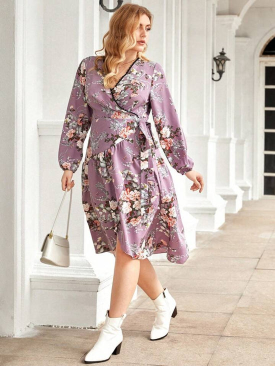 Plus Floral Print Wrap Hem Dress D3180