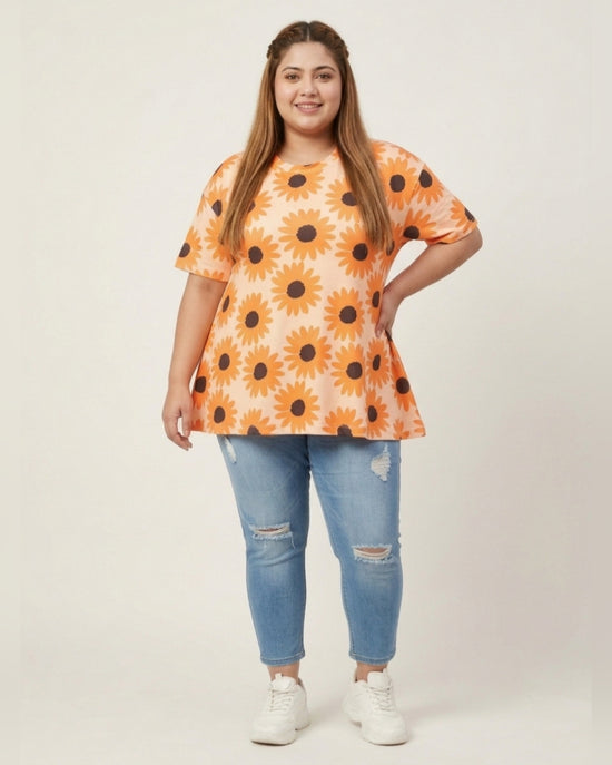 Pluswear Everyday Drop Shoulder Sunflower Yellow Print A-Line Tshirt