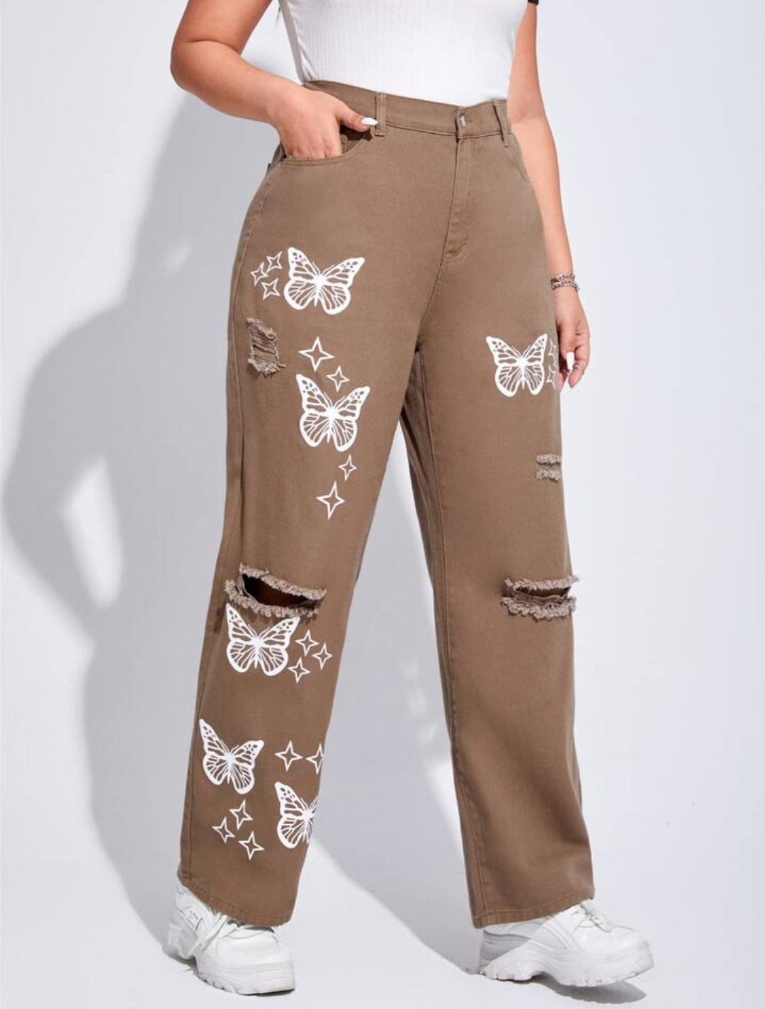 Plus Butterfly Print Ripped Jeans J372