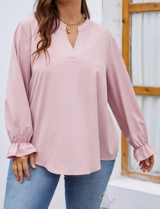 Plus Notched Neckline Flounce Sleeve Blouse (Baby Pink) T189