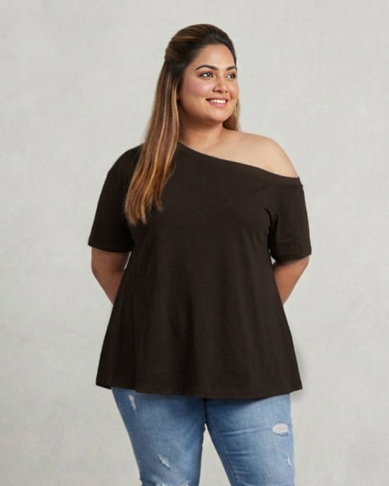 Pluswear Everyday One Shoulder A-Line Cotton Tshirt (Dark Brown)