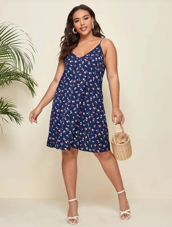 Plus Double V Neck Ditsy Floral Cami Dress D618