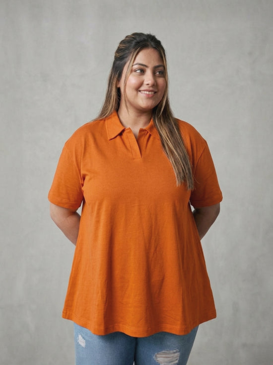 Pluswear Everyday Polo Collar A-Line Cotton Tshirt (Coral Orange)