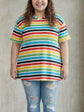 Pluswear Everyday Drop Shoulder A-Line Striped Cotton Tshirt (Rainbow)