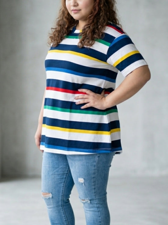 Pluswear Everyday Drop Shoulder A-Line Striped Cotton Tshirt (Multi Color)