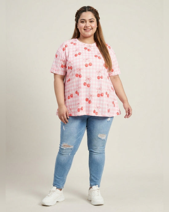 Pluswear Everyday Drop Shoulder Cherry Gingham Print A-Line Tshirt